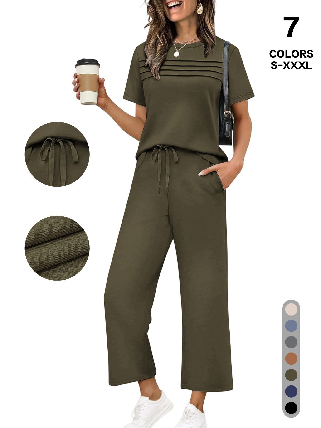 Women's 2-Piece Casual Fit Short Sleeve Pajama Set, Breathable Top + Drawstring Pants with Pockets, Fashionable for Home & Office, Loungewear, Casual Pajamas Set