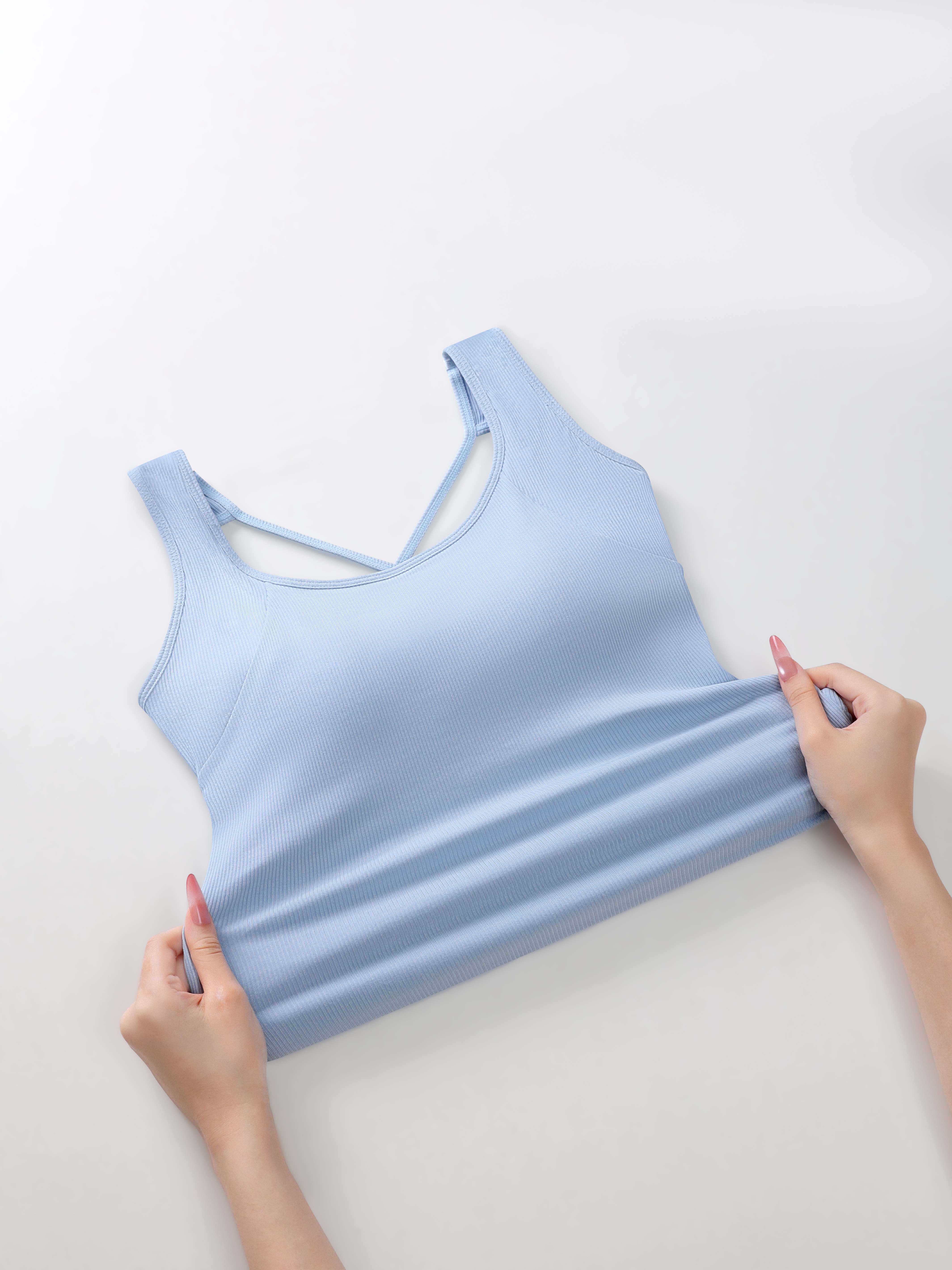 EssElegance Women's Minimalist Sleeveless Ribbed Viscose-Elastane Basic Workout Tank Top - Fabric-Built-in Padded Bra, Strappy Sporty Chic Criss Cross Back, Scoop Neck, Slim Fit, Breathable Wear for Gym, Yoga, All Seasons, Cold Hand Wash, Denim Style, Wor