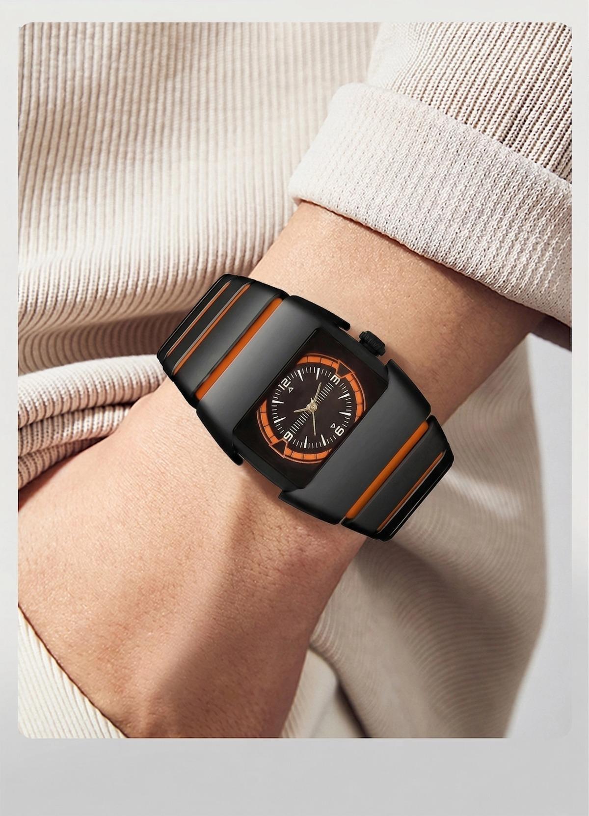 Men's Business Casual Analog Quartz Watch, Rectangle Dial Black Stainless Steel Band, Fashion Wristwatch with Gift Box