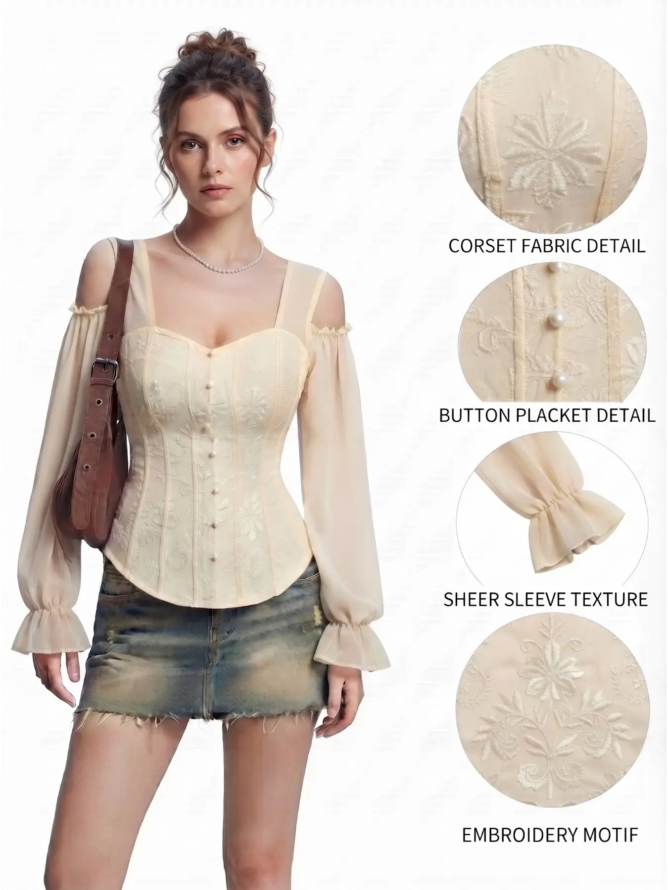 Women's Off-Shoulder Floral Embroidered Lantern Sleeve Blouse Shirts, Spring & Fall Slim Fit Top, Solid Pattern Unlined Clothing