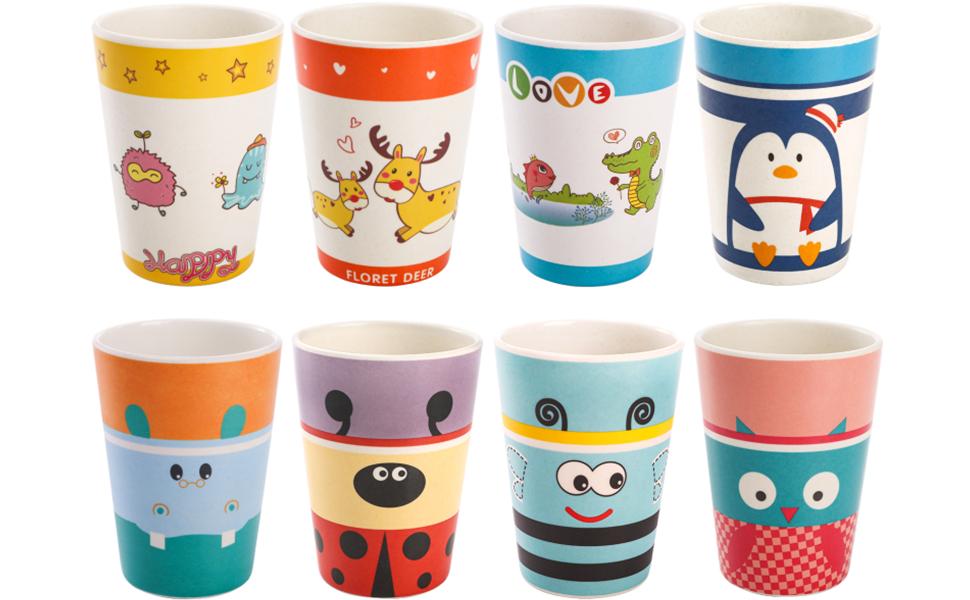 8 Pack Kids Cups, 8 Oz BPA Free Drinking Cups for Children, Reusable Cute Cups Cartoon Tableware for Home, School, Parties or Outdoor Use, Dishwasher Safe