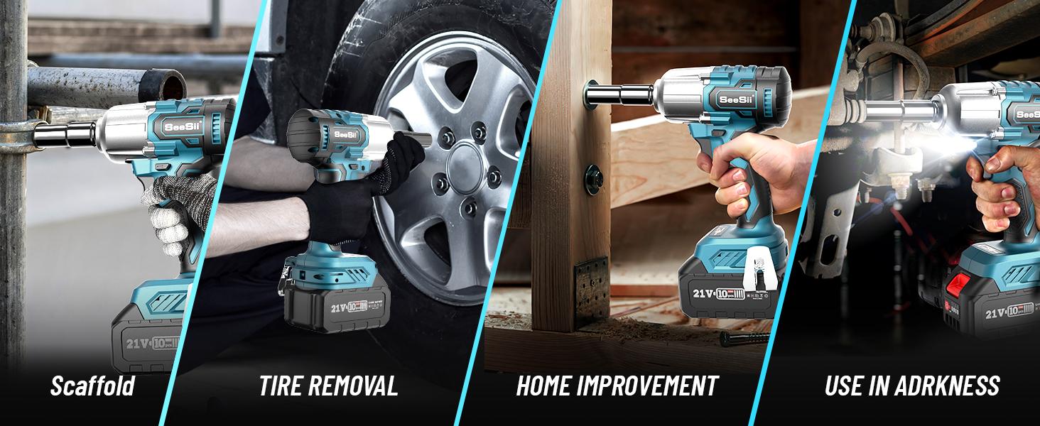 Seesii Cordless Brushless Impact Wrench 1/2 inch, (450N.m) 332Ft-lbs Max Torque Electric Impact Wrench One 4.0Ah Battery, Charger & 4 Sockets, Power Impact Driver for Car Home, Black Friday Deals