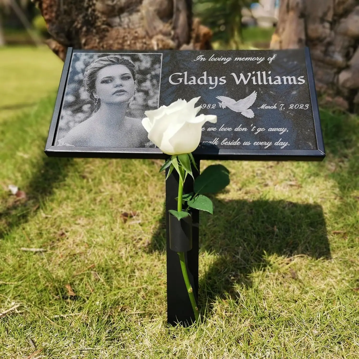 Headstones for Graves - Custom Engraved Grave Markers with Ceramic Photo | UV-Resistant Cemetery Marker & Grave Decoration | Durable Black Granite Plaque with Iron Frame for Outdoor Use