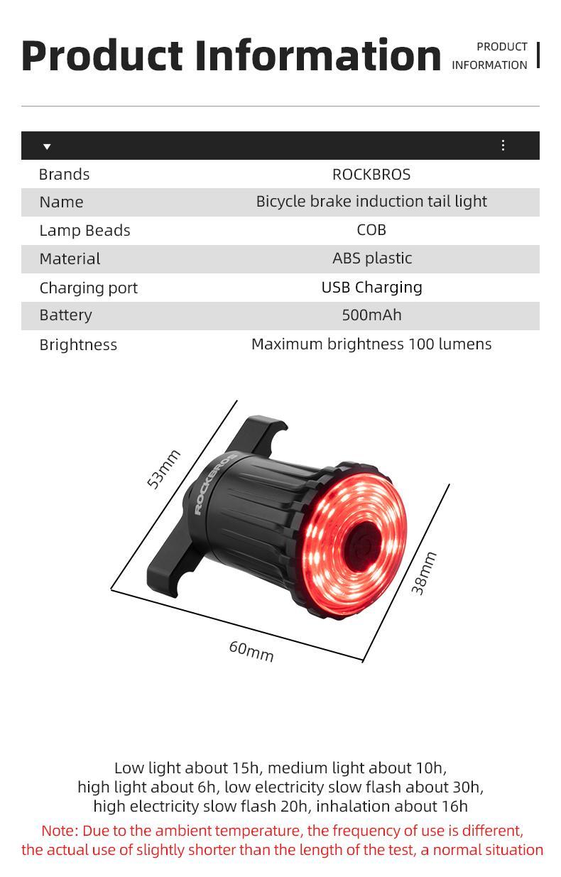 ROCKBROS Bike Tail Light Bicycle Smart Brake USB Rechargeable MTB Rear Light 7 Modes Cycling Warning Light Bike Accessories ROCKBROS Bike Tail Light Bicycle Smart Brake USB Rechargeable MTB Rear Light 7 Modes Cycling Warning Light Bike Accessories