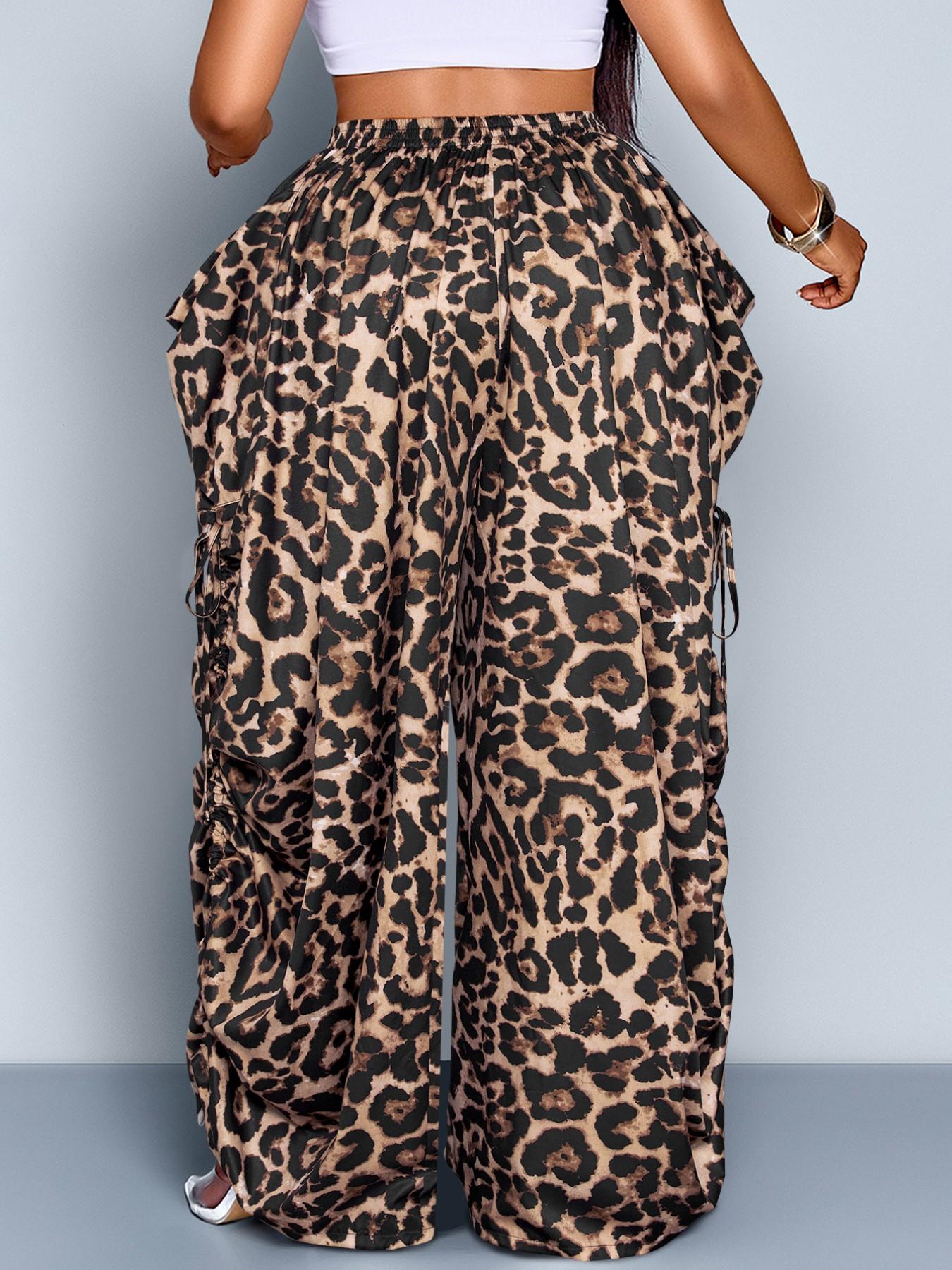 Women's Plus Size Leopard Print Wide Leg Pants, High Waist Elastic Waist Adjustable, Loose-Fitting Long Pants, Casual All Seasons Fashion