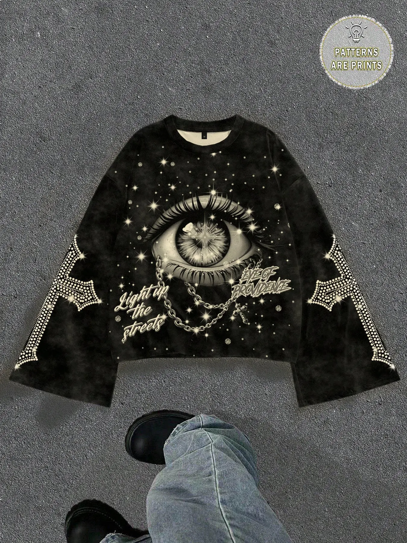 Y2K cross print long sleeved T-shirt with flared sleeves for men's