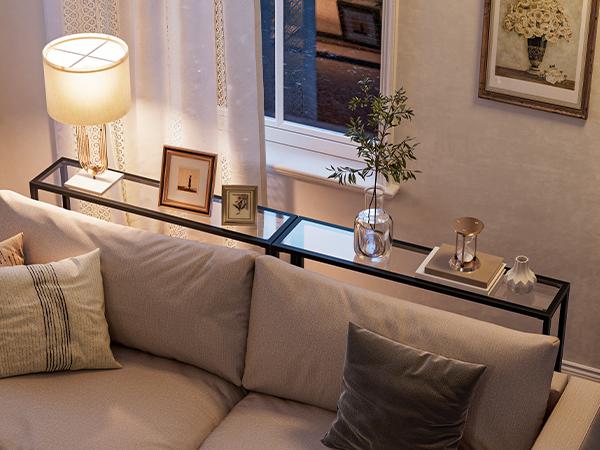 HOOBRO 39.4" Tempered Glass Console Table, Modern Sofa Table, Modern Entryway Table, Narrow Couch Table, Metal Frame, for Living Room, Hallway#springtok