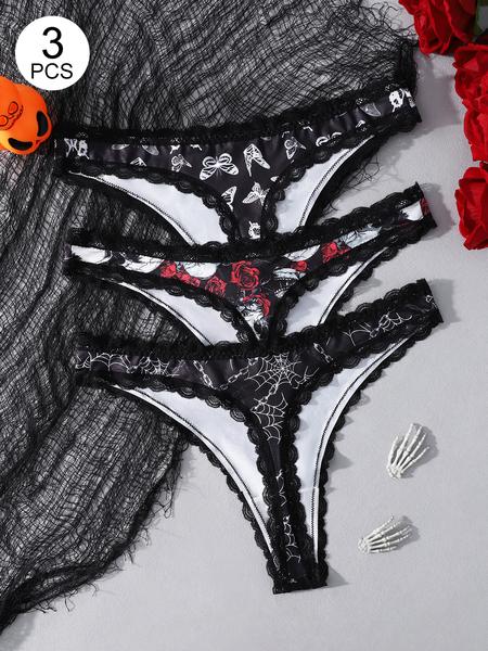 Women's Sexy Lace Trim Butterfly Print Thong Set, Fitted Design for All Seasons, Perfect Halloween Costume Underwear