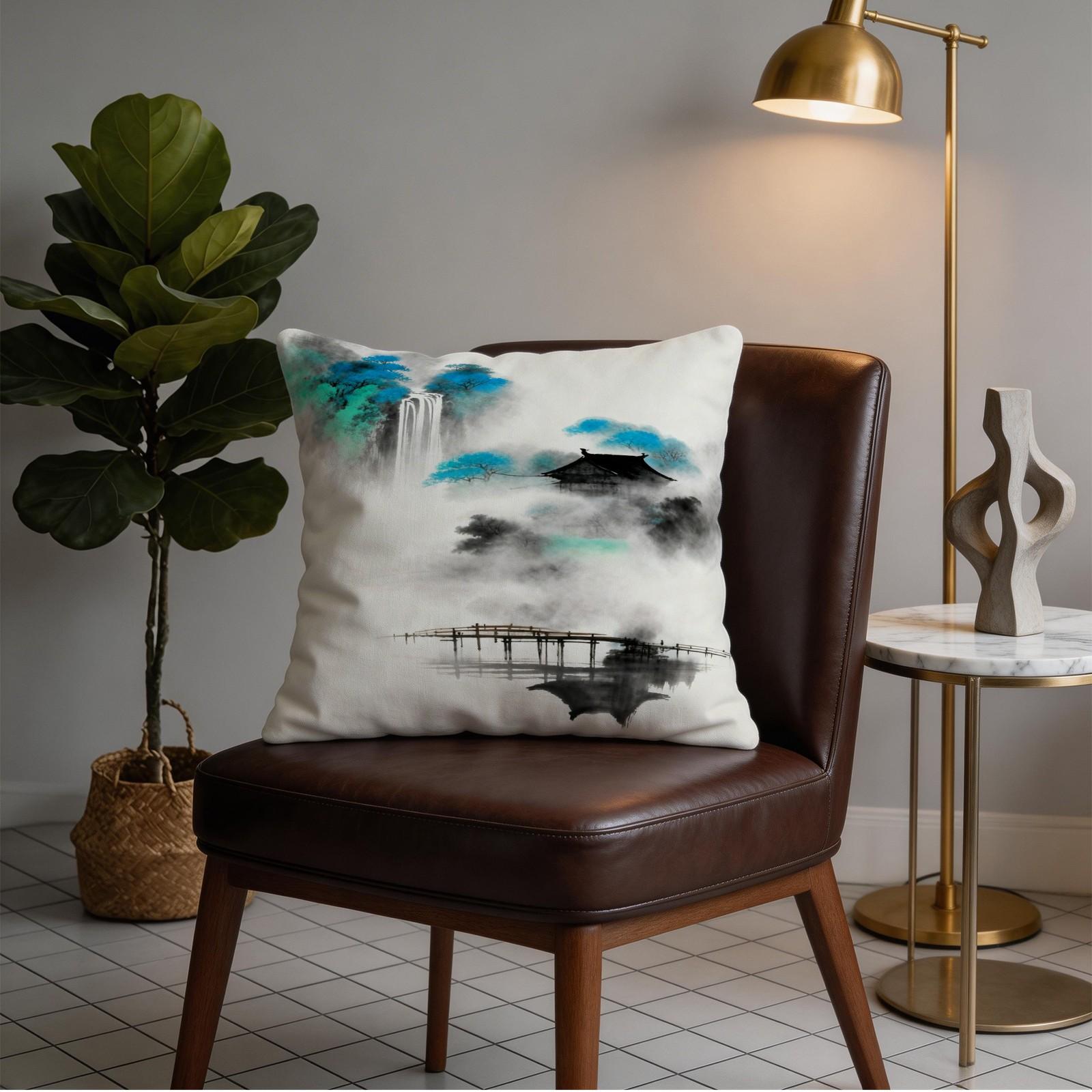 1 Pack 18×18 Inch Asian Ink Wash Landscape Throw Pillow, Mountain Scenery Print Decorative Accent Cushion, HD Digital Print Zippered Pillowcase, Non-Fade Home Decor Cushion for Sofa, Bed, Living Room, Bedroom