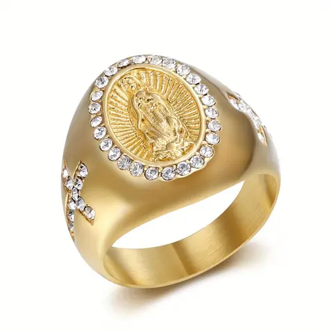 Men's Retro Stainless Steel Signet Ring - Synthetic Zircon Cross Maria Religious Charm, Stackable Engraved Gold-Tone Ring, 1pc Men's Fashion Accessory, Ideal for Thanksgiving & Easter Gifts, Stackable Rings
