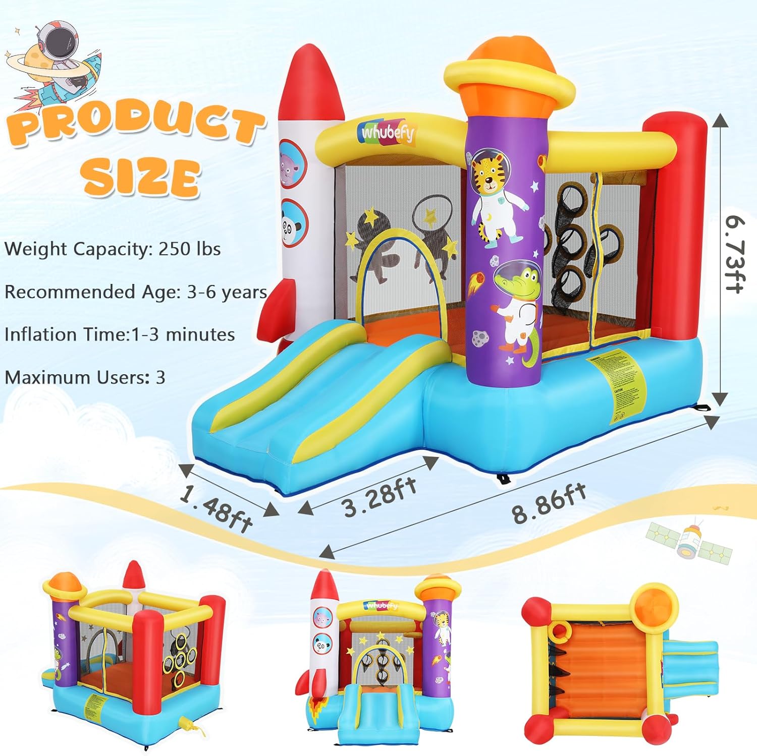 AKEYDIY Inflatable Bounce House Suitable for Children aged 3-8 years old, Comes with Slide, Pitching Game and Fun Photography, 106 x 71 x 83 Astronaut Themed Bounce House with Blower, Suitable for Indoor and Outdoor,Christmas Gifts for KIds