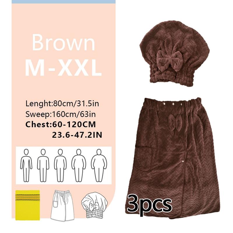 3-Piece Bathrobe Set, 1 bath wrap +1 hair towel+1 Exfoliating Gloves, Adjustable Fit M-Xxxxl, Thickened Design, Ideal for Home, Travel, Sauna, Spa