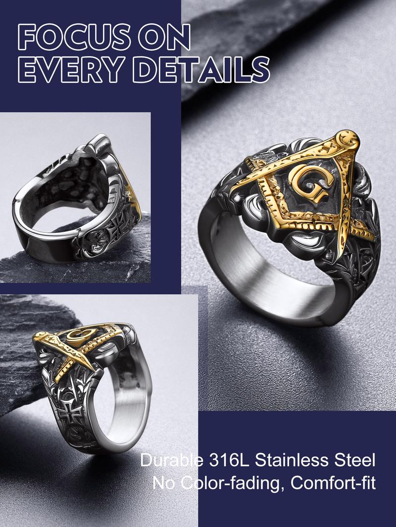 FaithHeart Masonic Ring Freemason Symbol Signet Ring Stainless Steel