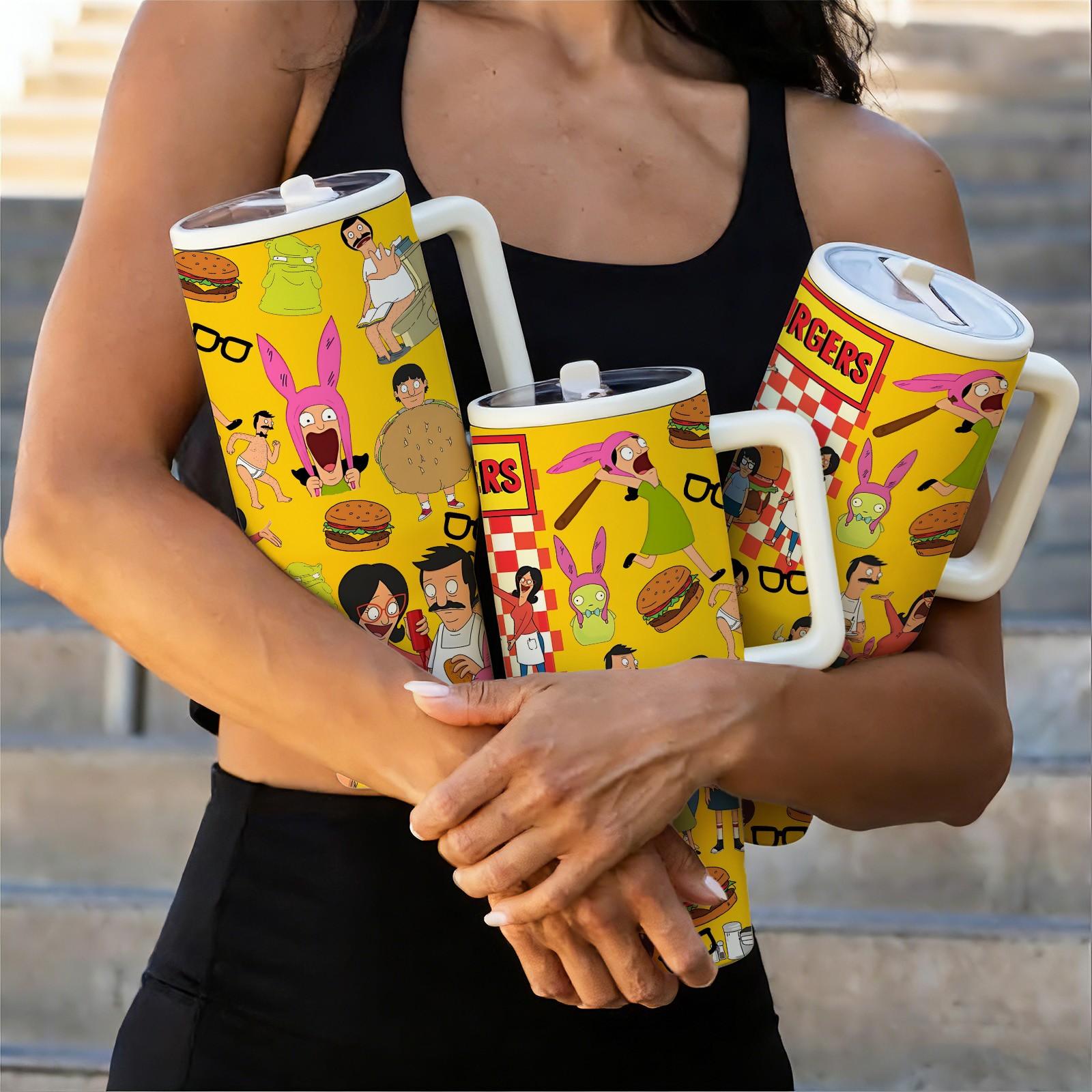 1 Pc 40oz Burger Family Cartoon Insulated Tumbler With Handle And Lid, Flasks, Funny Food Lover Animation Design, Double Wall Stainless Steel Travel Mug For Hot Cold Drinks, Leak Proof Large Capacity Cup, Gift For Burger Fans, Home Office Daily Use