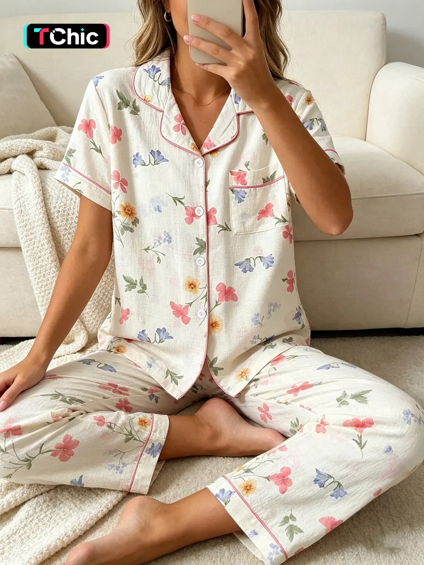 Women's Short Sleeve Button Down Top and Pants Pajama Set, Pajamas Lounge Set, Floral Sleepwear, All Seasons Loungewear, For Plant Lovers, Cream Base Botanical Floral Print, Classic Lapel Collar, Loose Fit, Comfortable For Home