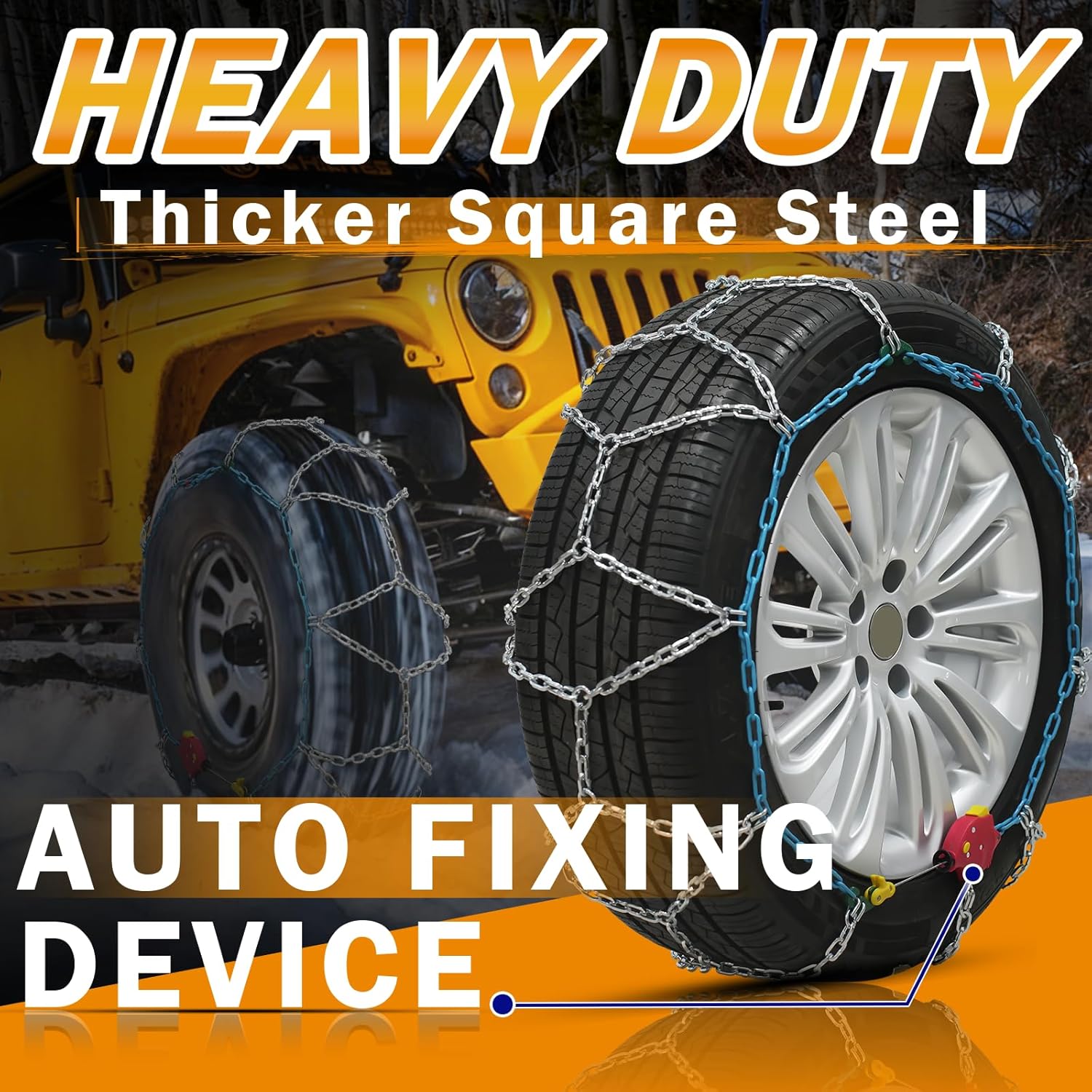Heavy Duty AutoFixing Snow Chains Tire Chains for Light , SUV & Pickup, Self-Tightening Design for Easy Installation, Titanium Alloy for  Durability,Set of 2(HRV-245,Auto-Trac)