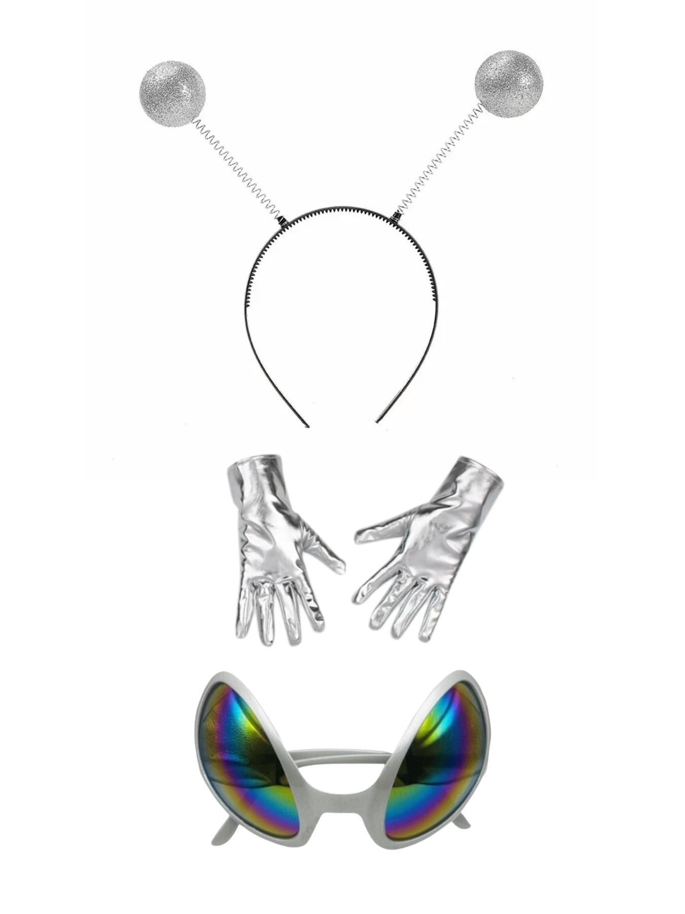 3-Piece Alien Costume Set for Holiday Parties, Includes Shiny Headpiece, Gloves, Weird Glasses, Perfect for Christmas Performances