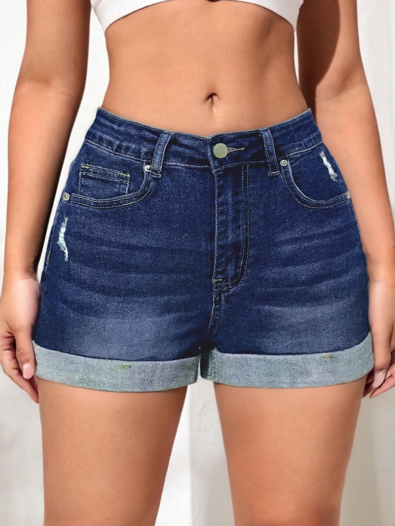 Women's Ripped Pocket Denim Shorts, Casual Stretchy Denim Shorts for Daily Wear, Ladies Bottoms for Summer, Womenswear