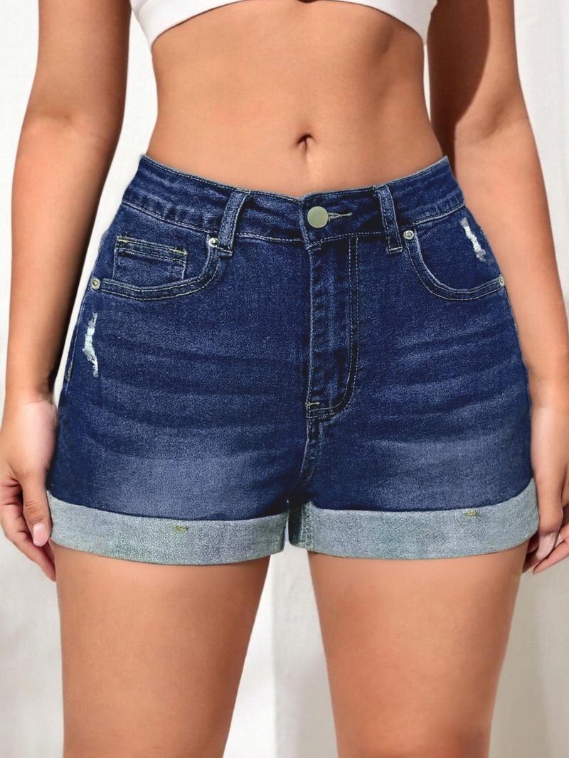 Women's Ripped Pocket Denim Shorts, Casual Stretchy Denim Shorts for Daily Wear, Ladies Bottoms for Summer, Womenswear