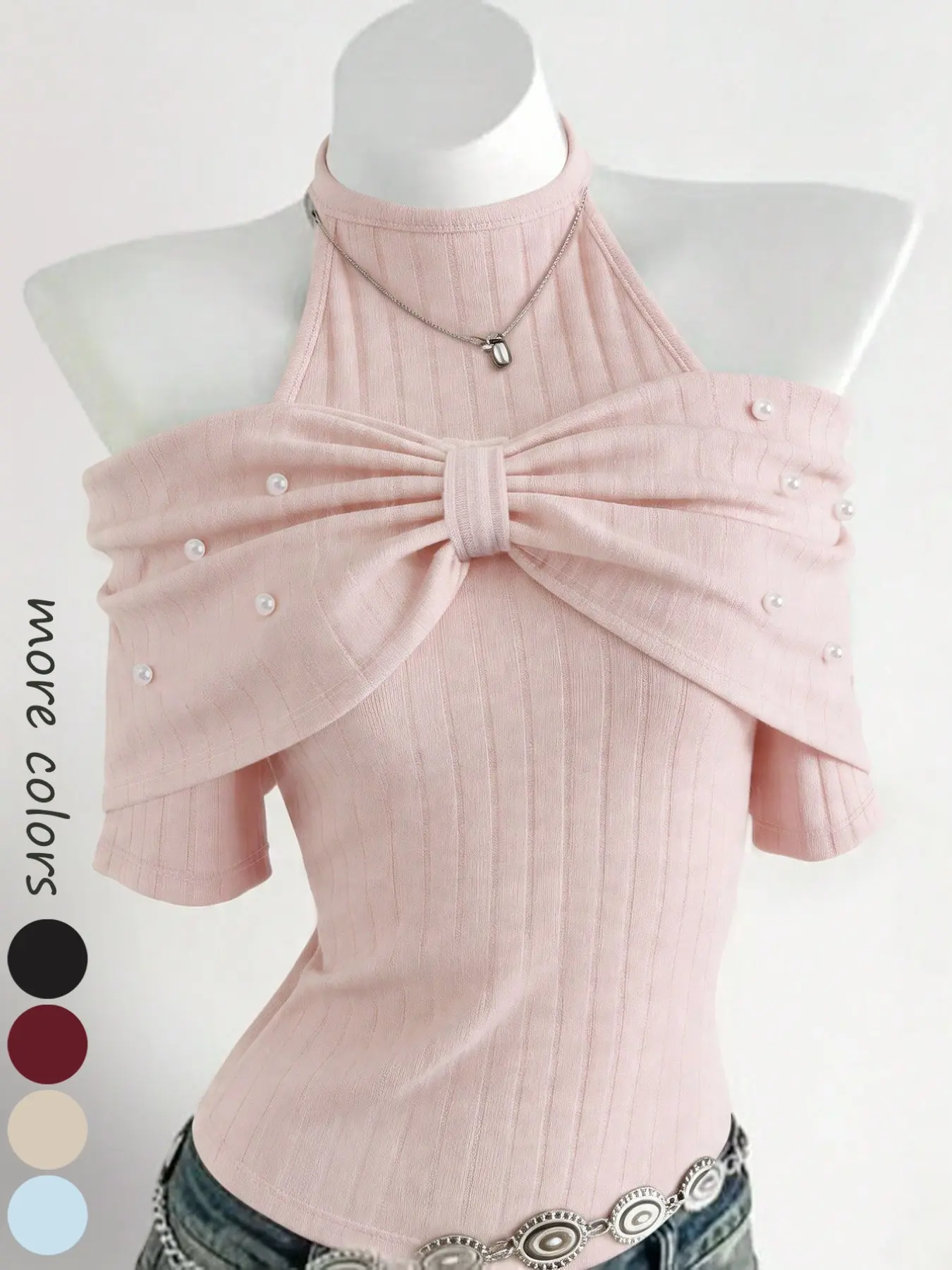 Sexy Halter One-Shoulder Knit Top, 3D Large Bow Pearl Decoration, Vertical Stripe Slim Fit Short Sleeve, Soft Date Atmosphere Shirt, Blouse