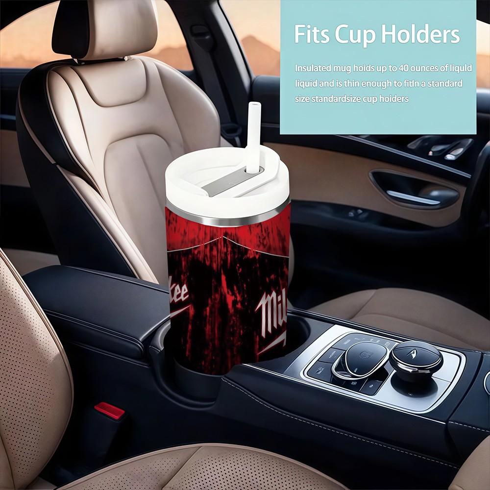 1pc 40oz Milwaukee Fuel Insulated Cup, Industrial Style, Vintage Car, Handle Straw Cup, Ideal for Garage, Office, Camping