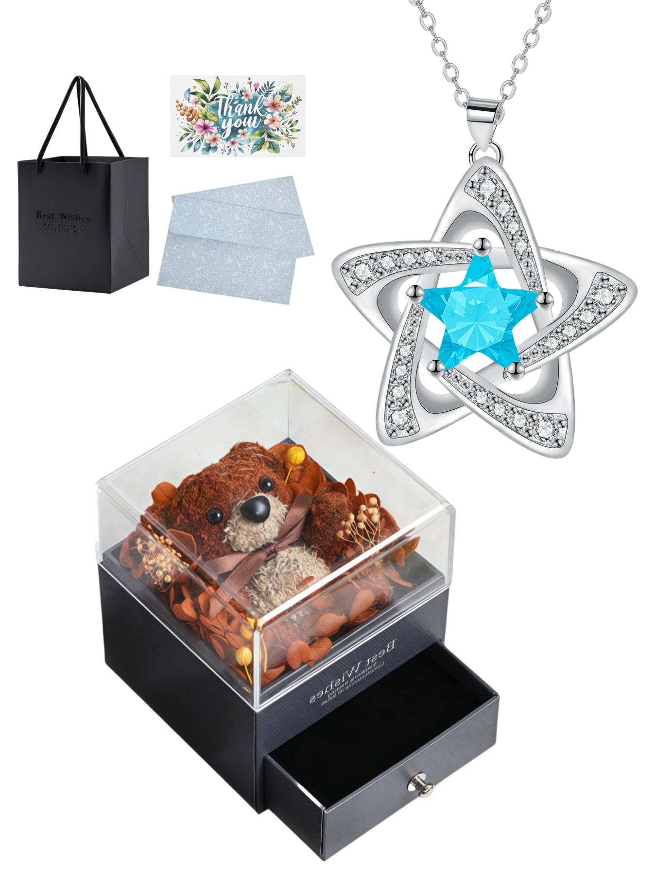 "Blue Diamond Stardust" — Elegant blue pentagram sapphire necklace with preserved rose & eco-friendly moss teddy bear gift box. A perfect mysterious gift for festivals, dates, birthdays for wives or daughters, and Valentine's Day.