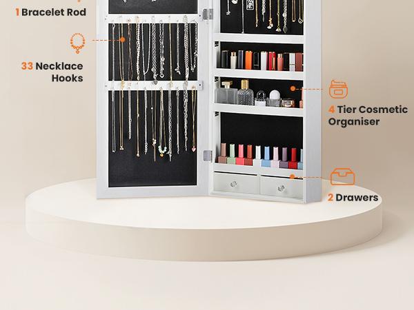 RIMIKING Jewelry Cabinet with Mirror, Dual Installation Options, Ample Storage, Convenience Features, Elegant Design,  Soft Velvet Lining, LED Lights, High Capacity Earring Storage, Dedicated Necklace Hooks, Ring Slots, Cosmetic Organizer