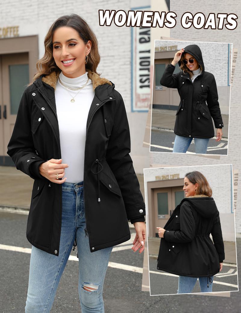 UMIPUBO Women's Winter Fleece Thicken Coat Water-Repellent Hood Parka Jacket Warm Zipper Outerwear with Pockets
