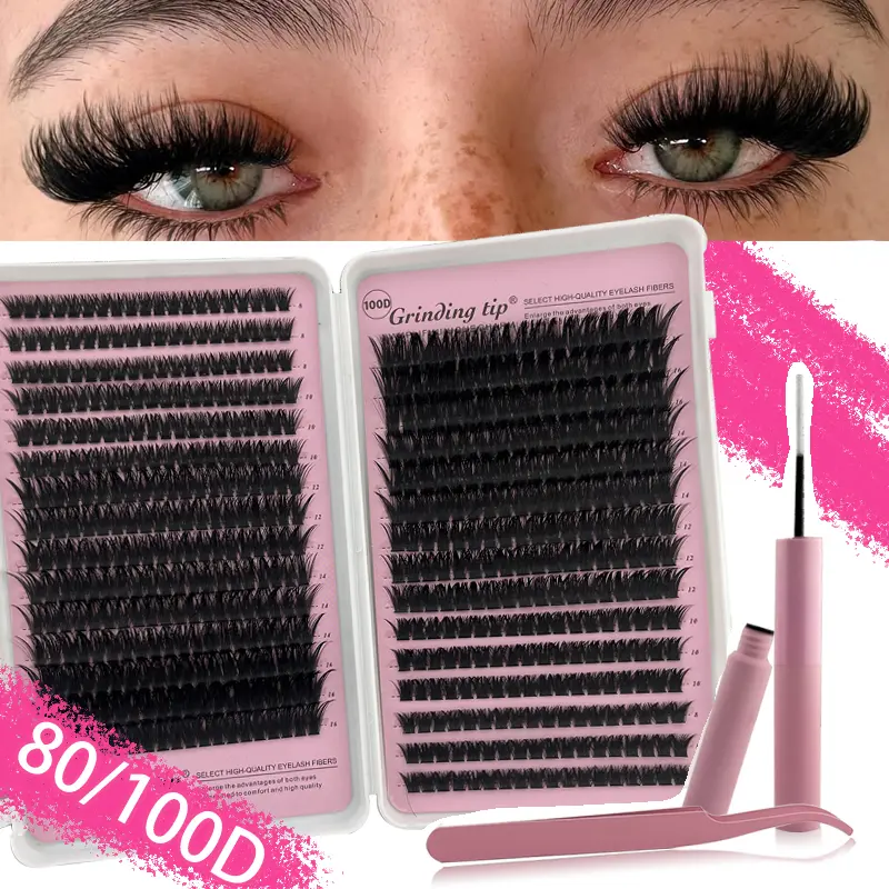 DIY Lash Extension Kit, 80/100D Grinding Tip Lash Clusters with Bond and Seal Glue & Precision Tweezers, Beginner Friendly Wispy Volume Individual Cluster Lashes for Home Use Makeup Cosmetic