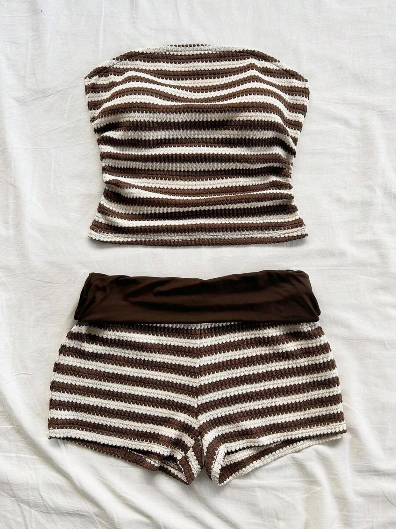 Summer 2-Piece Set: Colorblock Ruffle Bustier and Low Waist Shorts, Textured Knitwear, Perfect for Vacation and Summer