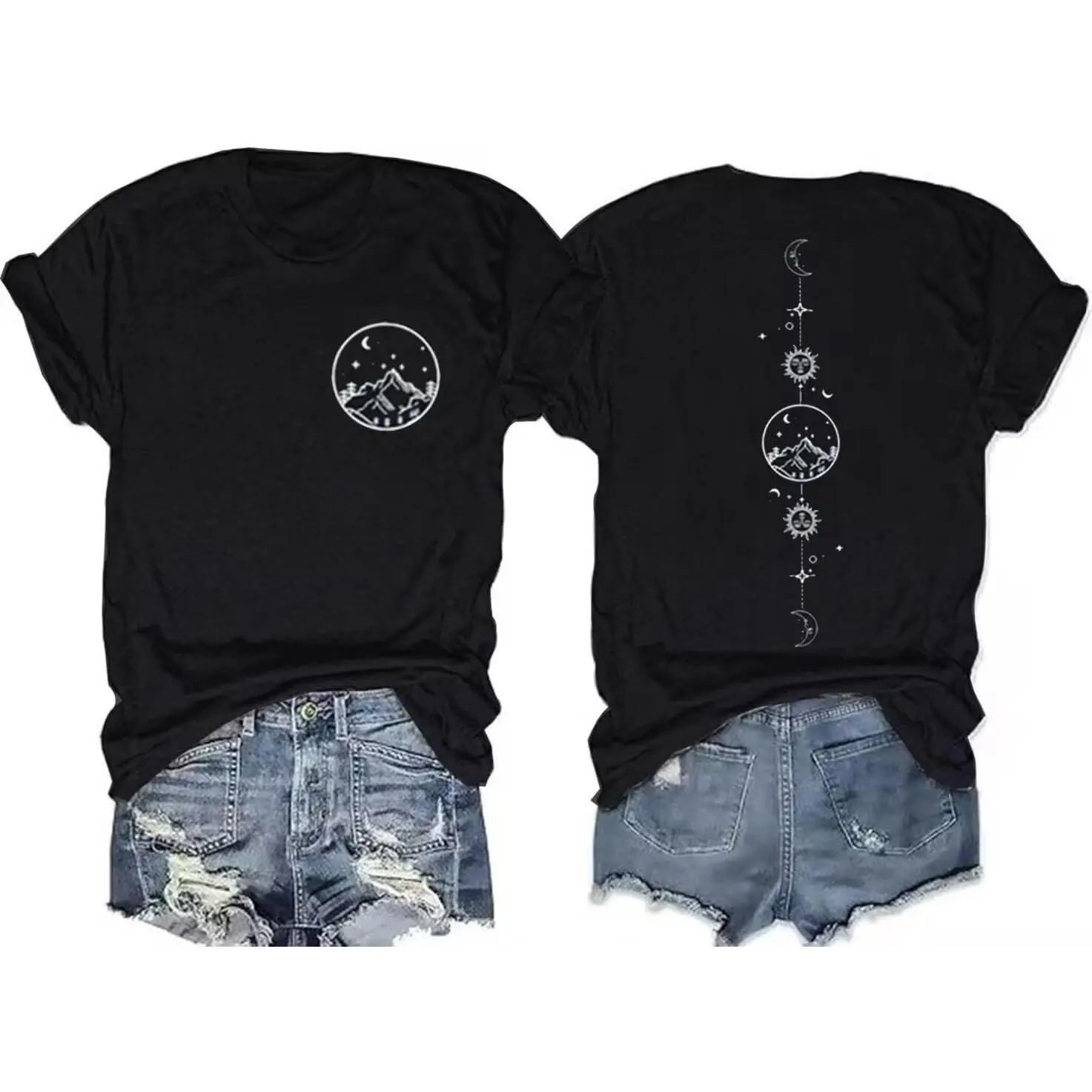 Women's Vintage Moon and Sun Graphic Short Sleeve Tops - Athlete Life, Hiking/Light Outdoor Sporty Tops for Sport Lover Lifestyle, Sporty Chic
