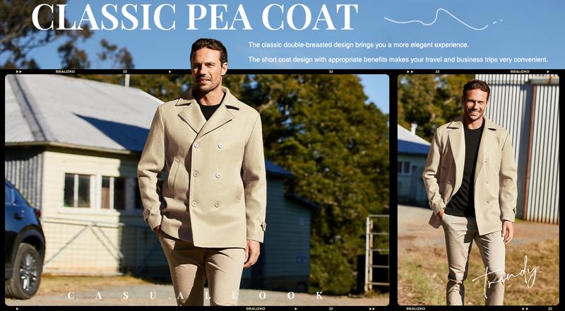 Runcati Men's Classic Pea Coat Notched Collar Double Breasted Slim Fit Winter Warm Heavyweight Trench Coats