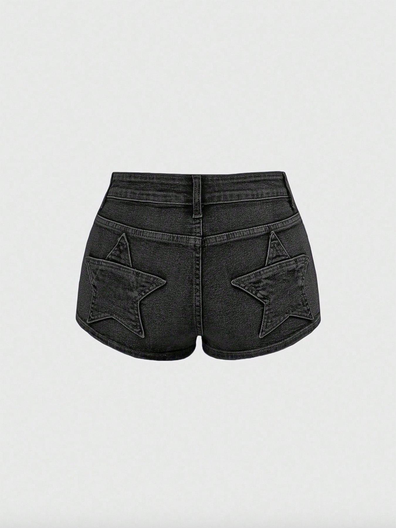 Women's Casual Chic Retro Low-Rise Super Short Butt Pocket Star Patch Low Waist Denim Shorts, Y2K Stretch Denim Shorts, Comfortable and Stylish Summer Bottoms, Perfect for Daily Wear and Leisure Activities