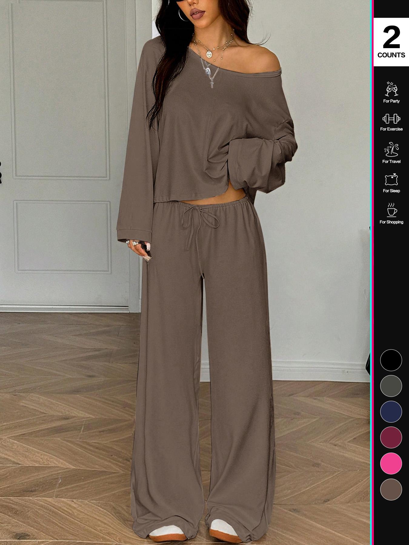 Women's 2 Piece Matching Lounge Set Off The Shoulder Long Sleeve Top and Drawstring Wide Leg Pants Casual Sweatsuit