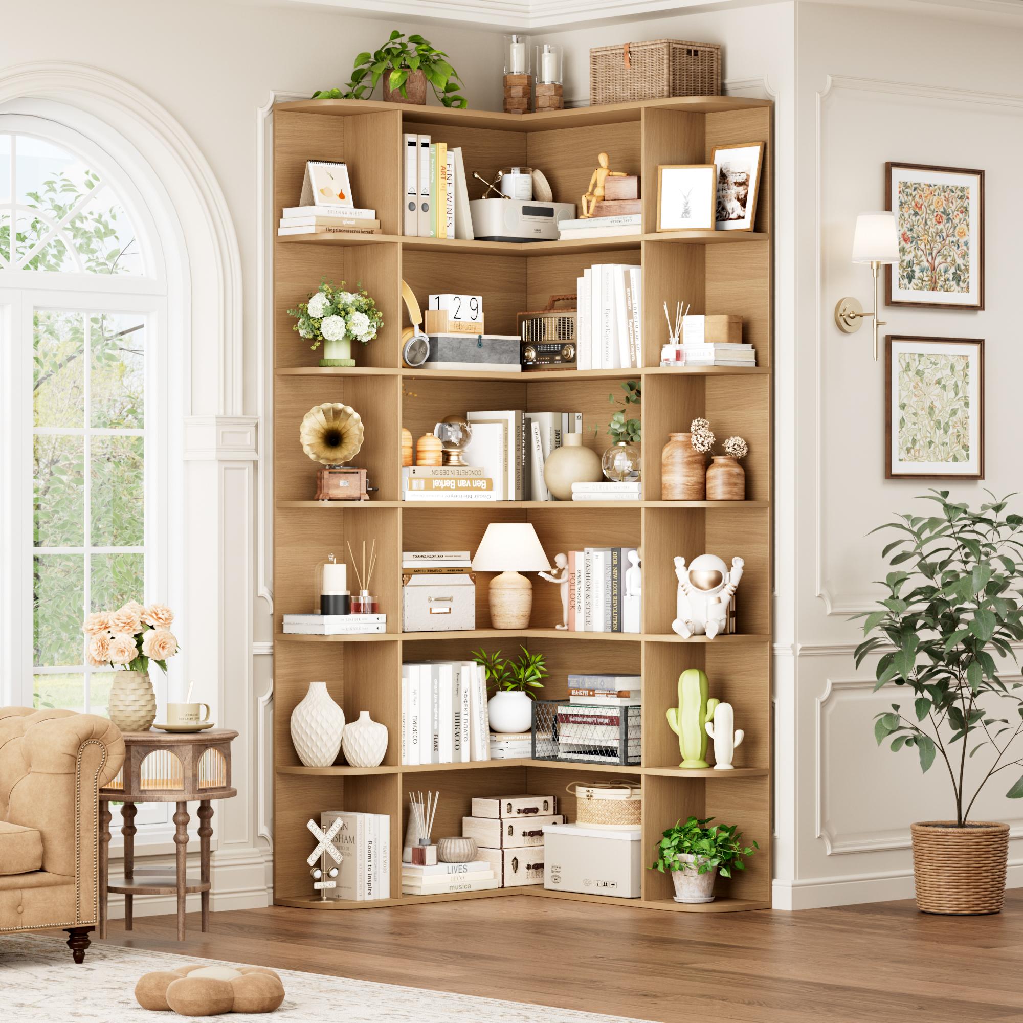 FOTOSOK 74'' Tall Corner Bookshelf, 6-Tier Bookshelf and Bookcase with Open Storage, L Shaped Tall Bookcases Wooden Storage Shelves for Home Office