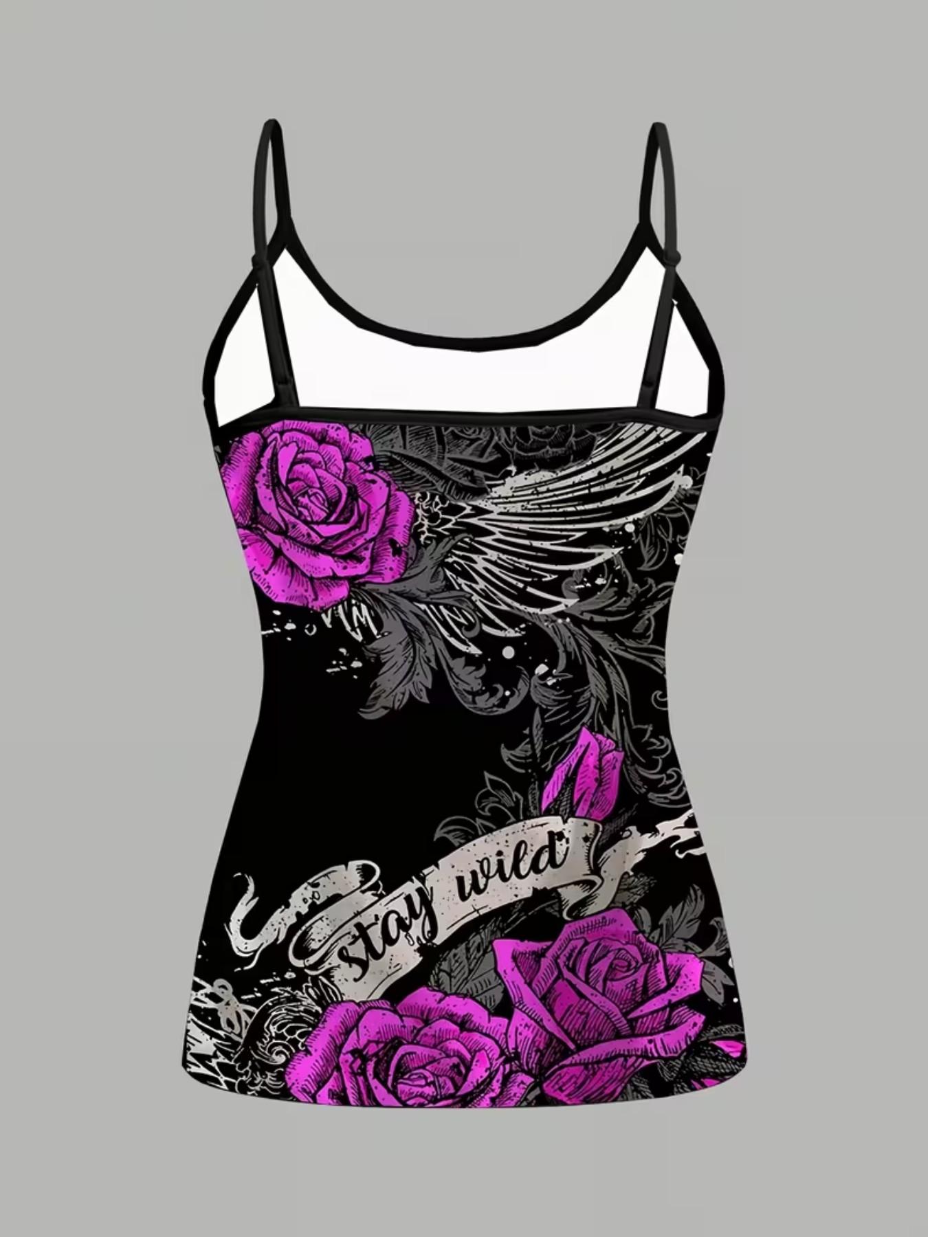 Gothic Rose Wing Print Strappy Set, Summer Home Sleepwear, Casual Sleeveless Slim-Fit Top, All over Print, Four-Piece