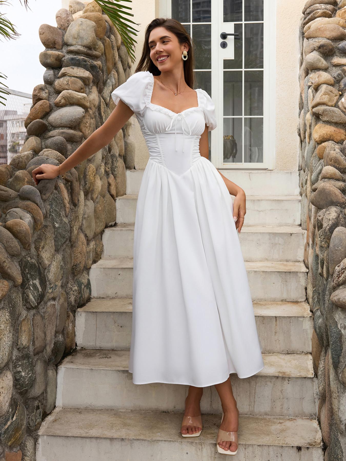 Square Neck Backless Cross Strap Ruched Fishbone Bubble Sleeve Dress, Casual Comfortable Fashion Long Dress for Daily Wear