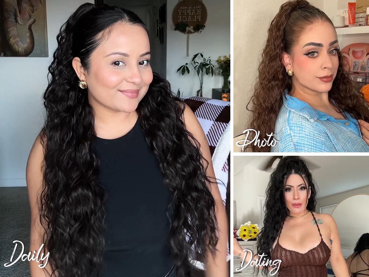 Isaic hair Clip-in Long Ponytail Hair Extensions Black Brown 30" Curly Pony Tail Clip in Hair Extensions for Women Fluffy Natural Looking Synthetic Hairpiece for Daily Use