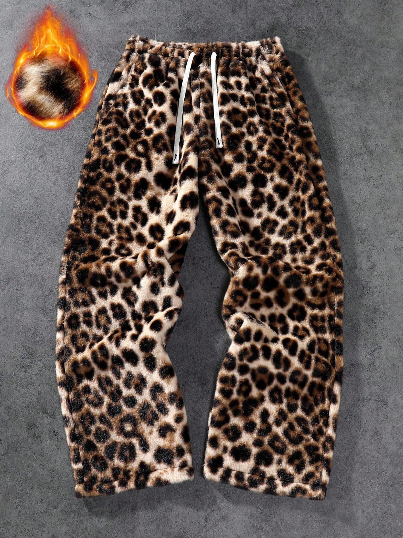 Unisex Leopard Print Fleece Pants, Soft Rabbit Fur Fabric, Fall Winter Warm Comfort, Street Hip Hop Style, Daily & Outdoor Wear, Streetwear
