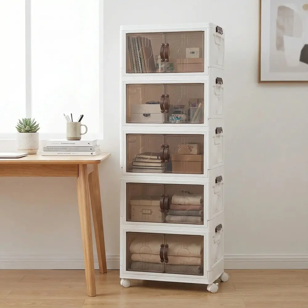 Folding Storage Cabinets with LIDS Plastic Storage Boxes Foldable Stackable Containers with Wheels for Bedroom Office Kitchen Organizers and Storage Foldable Organizer Systems