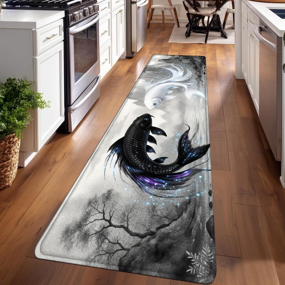 1PC， Black and White Double Fish in Ink - Wash Style Patterned strip rugs, home décor, bathroom mats, entryway mats, bathroom non-slip mats, indoor entrance rugs, bedroom bedside mats, kitchen mats, hallway rugs, flannel sponge rugs, hallway runner rugs