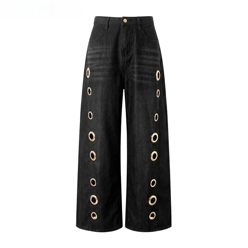 Women's High Waist Geometric Eyelet Cotton Mix Denim Style Jeans - Baggy Wide-Leg Cropped Bottoms with Side Pockets, Zip Fasten, Casual Fashion Fabric, 2026 Fall Festival Streetwear, Cold Wash Y2K Clothing Women's High Waist Geometric Eyelet Cotton Mix Denim Style Jeans - Baggy Wide-Leg Cropped Bottoms with Side Pockets, Zip Fasten, Casual Fashion Fabric, 2026 Fall Festival Streetwear, Cold Wash Y2K Clothing