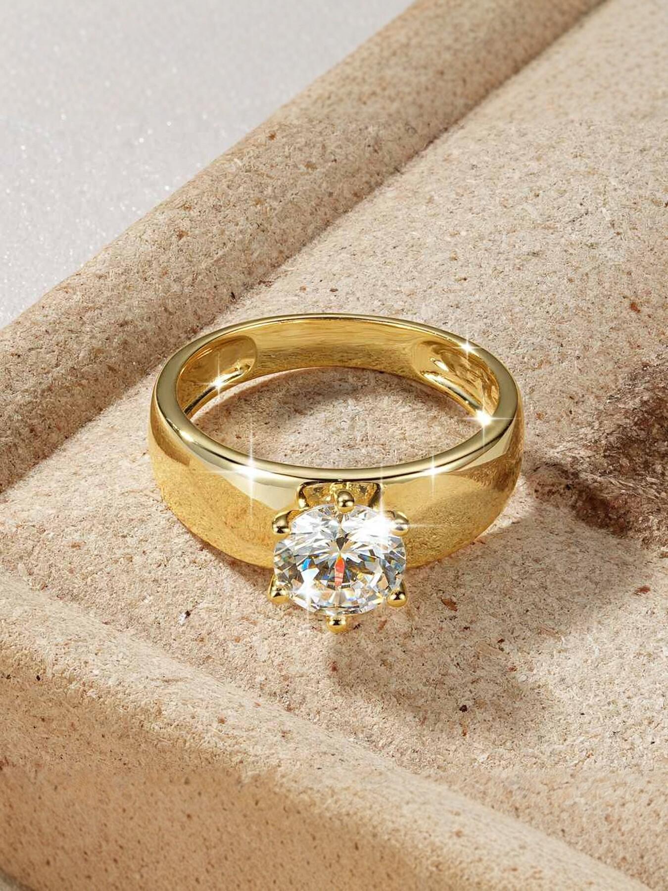 Wide six-prong Zircon Solitaire Ring for Women, Thick Band, 5A CZ Engagement Wedding Promise Ring, 2026 Timeless Engagement Ring Dupe, Perfect Daily Wear & Gift for Her