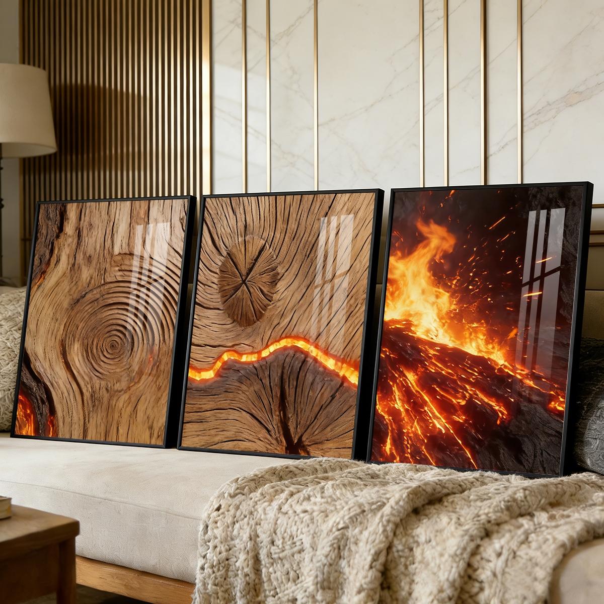 3 Counts Aluminum Alloy Framed Painting, Burning Wood Texture And Flowing Lava Art Pictures, Home Decoration For Living Room, Bedroom, Office, Restaurant, Hallway Wall Decor, Odorless Print Artwork, Luxury Perfect Gift For Friends And Family