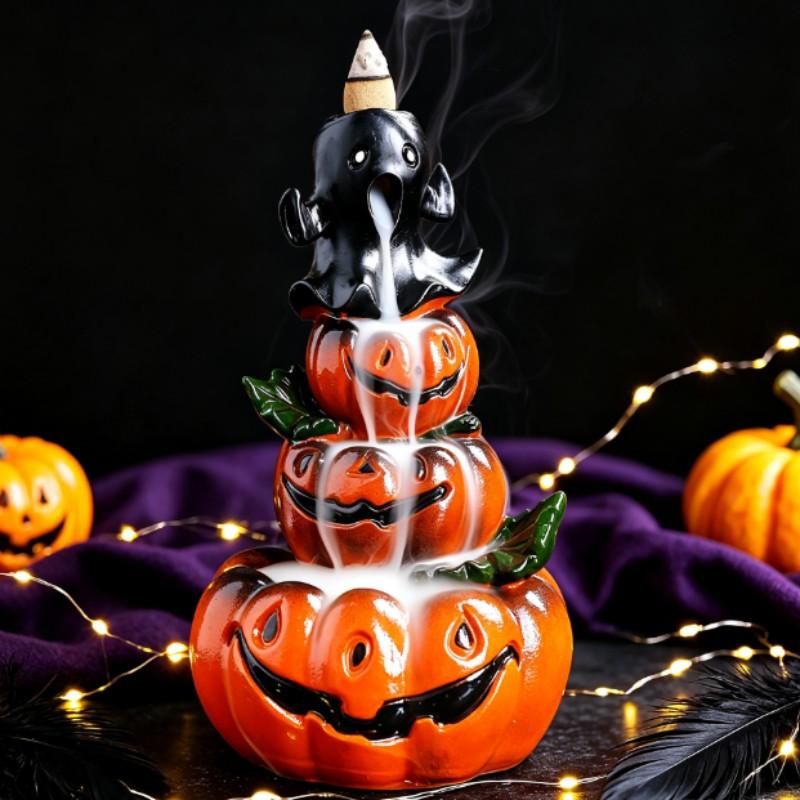 Original Resin Halloween Pumpkin Backflow Incense Burner, European Vintage Ghost Festival Smoke Fountain Incense Holder Decor, Delicate Resin Craft, Slow Downflow Smoke Design, Perfect Desktop Ornament For Home Shop Halloween Party, Ideal Holiday Gift Bir