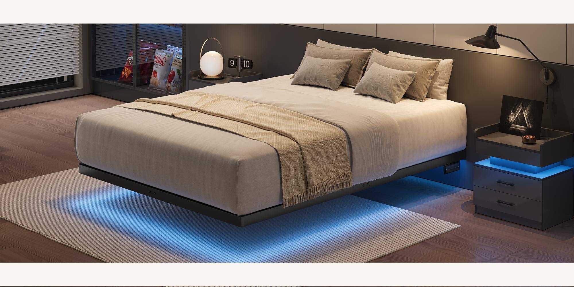 【SPOTLIGHT DAY】ONBRILL Floating Bed Frame with LED Lights Metal Slats Underbed Storage Space No Box Spring, Bedroom Furniture 【SPOTLIGHT DAY】ONBRILL Floating Bed Frame with LED Lights Metal Slats Underbed Storage Space No Box Spring, Bedroom Furniture
