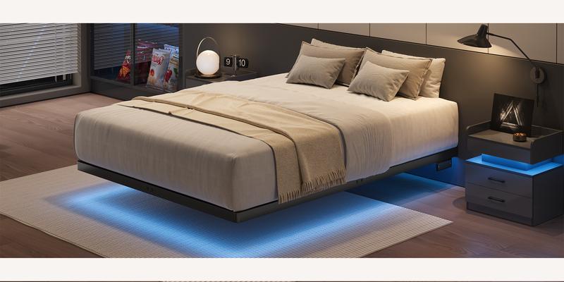 【Valentine's Day Gift】ONBRILL Floating Bed Frame with LED Lights Metal Slats Underbed Storage Space No Box Spring, Bedroom Furniture