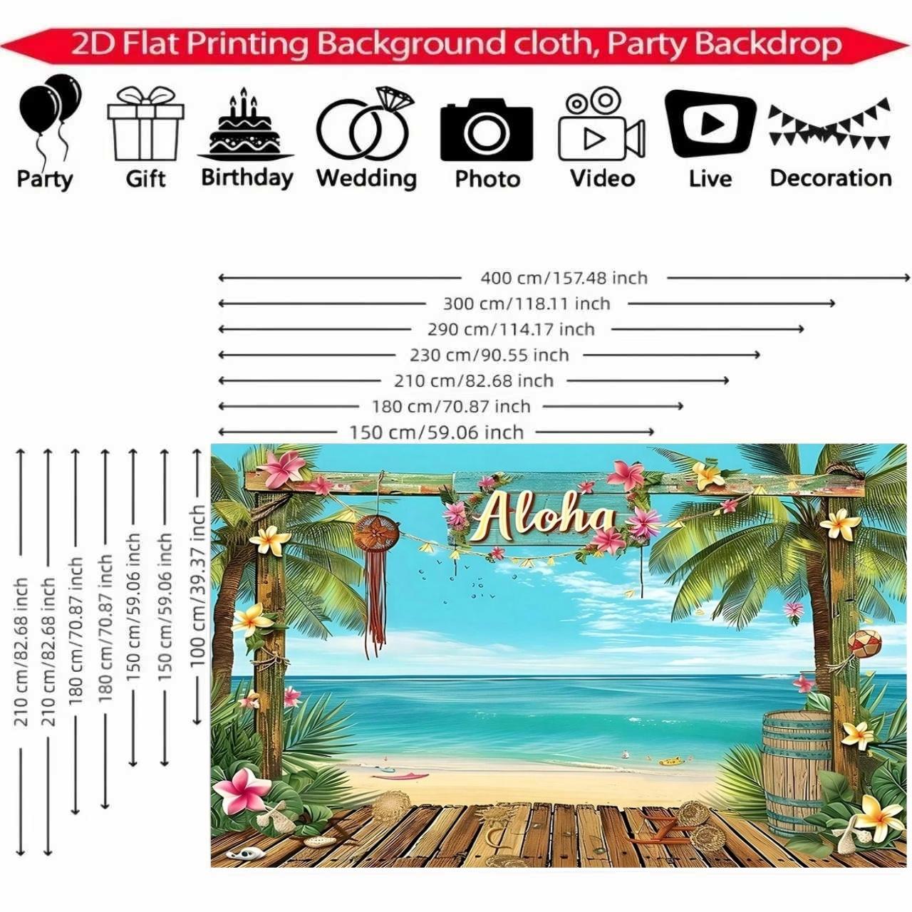 2D Flat Aloha Hawaii Beach Decorative Backdrop 1 Pack Polyester Material Tropical Palm Flower Seaside Party Banner Summer Beach Themed Photo Hanging Cloth Luau Party Atmosphere Curtain Reusable Waterproof Decorative Supplies