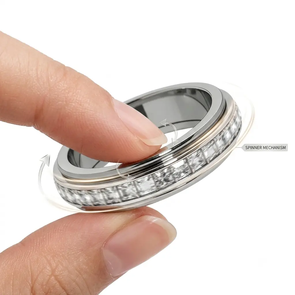 Anxiety Rings for Women and Men Steel Spinner Fidget Band Rings with Cubic Zirconia for Stress Relief and Wedding Promise Comfort Fit Size 6 to 11