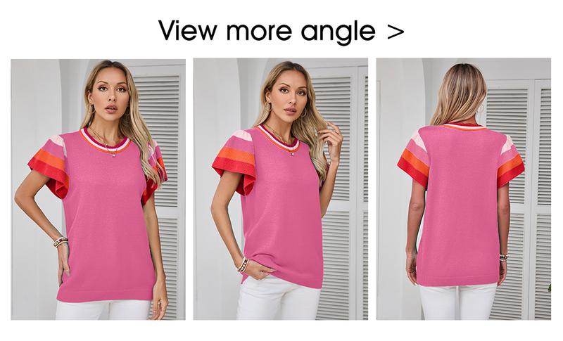 Shewin 2026 Spring/Summer Women's Color Block Short-Sleeve Soft Knit Pullover Round Neck Loose Fit Lightweight Versatile Everyday Knitwear Elegant Chic Solid